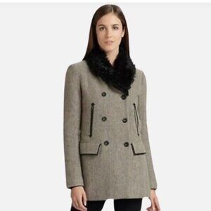 $755 Theory Tweed Pea Coat With Dyed Shearling Lamb Wool Collar Size LG